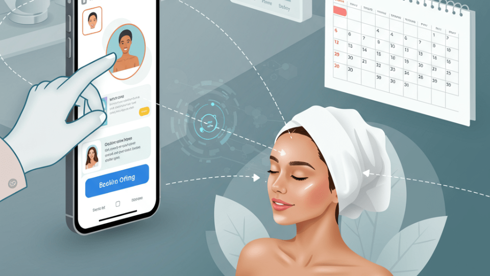 A photorealistic, vibrant image centered on a sleek, stylized digital hand reaching out from a smartphone screen. The screen displays a personalized text message with a booking offer. The digital hand is gently connecting with a clean, confident woman's face in the foreground, who is glowing after a med spa treatment. The background is a modern, luxurious med spa setting, with subtle, ethereal digital lines or data streams connecting the woman, her phone, and a calendar showing a full schedule.