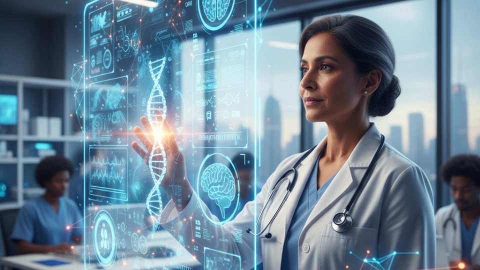 A photorealistic, vibrant image of a medical professional (doctor or researcher) interacting with a holographic display showing complex healthcare data, including DNA strands, brain scans, and patient vital signs, overlaid with glowing AI network lines. In the background, a modern hospital or lab setting reinforces the technological theme.