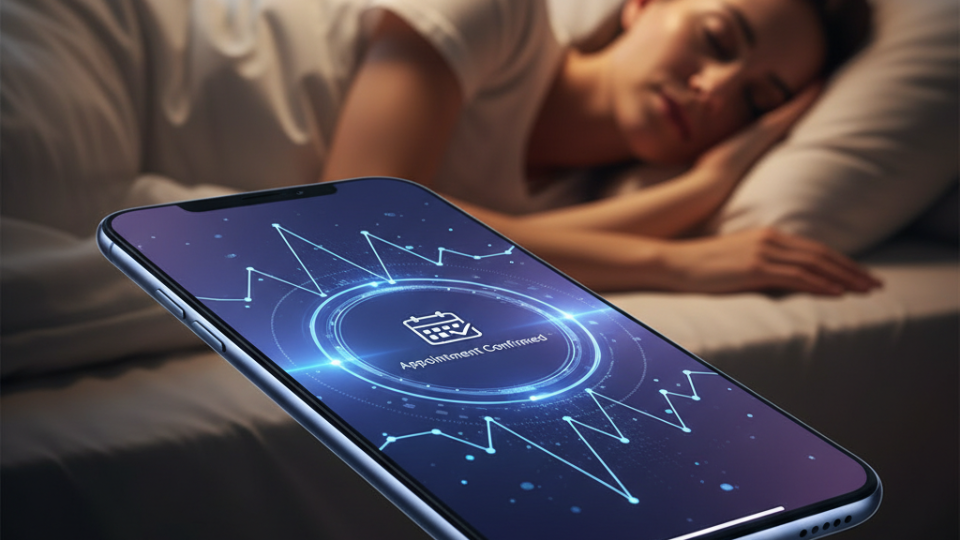 A modern smartphone displays a futuristic interface with a calendar icon and "Appointment Confirmed" text, superimposed over a digital waveform. In the soft-focus background, a person is seen sleeping peacefully in bed, with a warm lamp glowing on a nightstand.