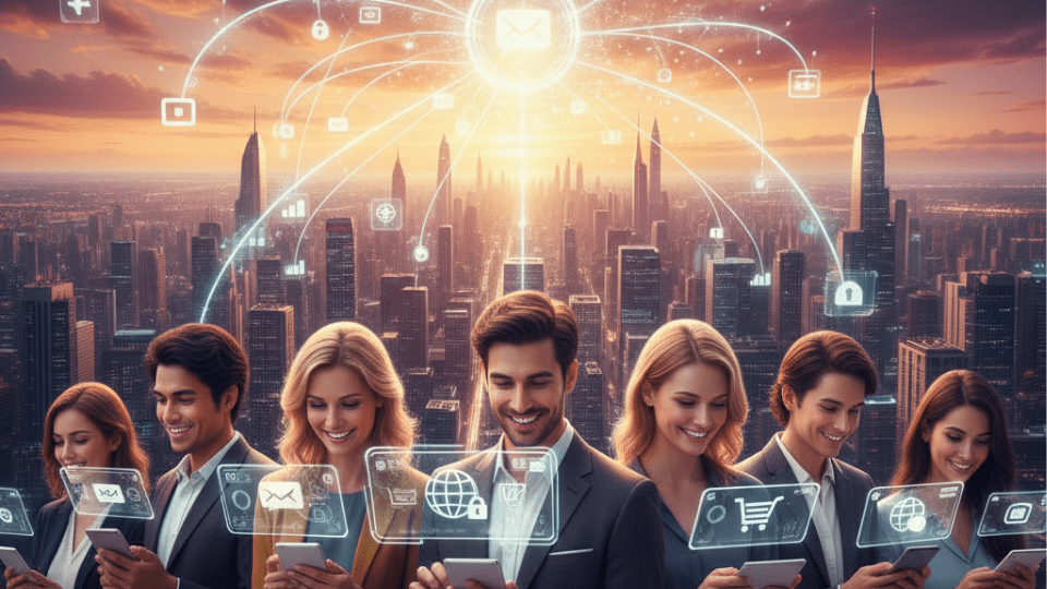 A vibrant, futuristic cityscape at sunset, with beams of light connecting various smart devices (smartphones, tablets) to a central glowing hub representing an automated SMS system. In the foreground, a diverse group of people are seen interacting casually with their mobile phones, symbolizing seamless customer connection through technology.