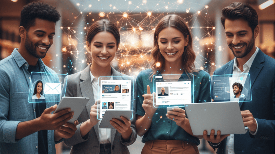 A glowing, intricate neural network graphic overlays a diverse group of smiling individuals interacting with various digital devices (laptops, tablets, smartphones) in a modern, engaging retail or online environment, symbolizing AI-driven personalization that enhances human connection and engagement.