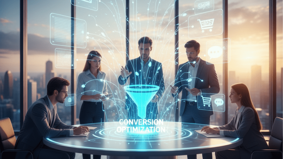 A vibrant, futuristic interface displaying interconnected digital channels (email, social media, chat, SMS) all flowing towards a central conversion goal. In the background, a diverse team of professionals collaborate in a modern office, symbolizing human strategy enhancing automated multi-channel efforts.