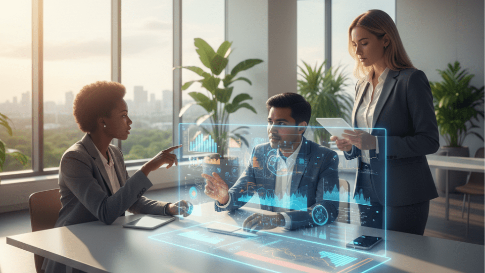 A collaborative team of professionals working with a vibrant holographic data display in a modern, sunlit office, representing the fusion of human strategy and artificial intelligence.