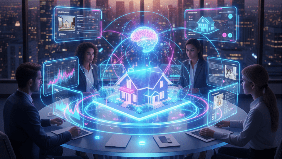 A diverse group of real estate professionals and clients interacting with holographic property listings and data visualizations in a modern, sunlit office with a city view. The displays show personalized property recommendations, market trends, and virtual tour options, symbolizing AI accelerating customer success in real estate.