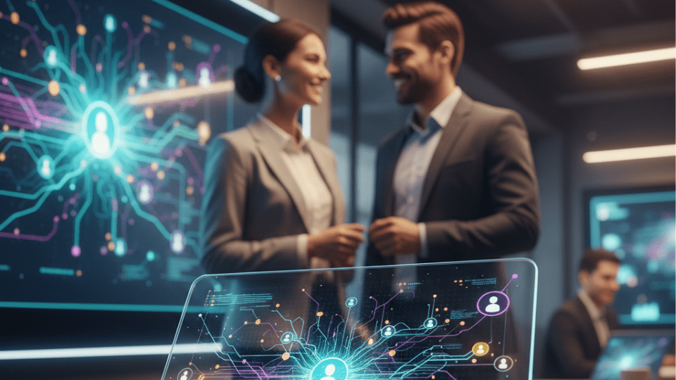 A modern office setting showing a digital tablet with an abstract glowing network interface in the foreground, while two professionals chat warmly in the background, representing the harmony of automation and human interaction.