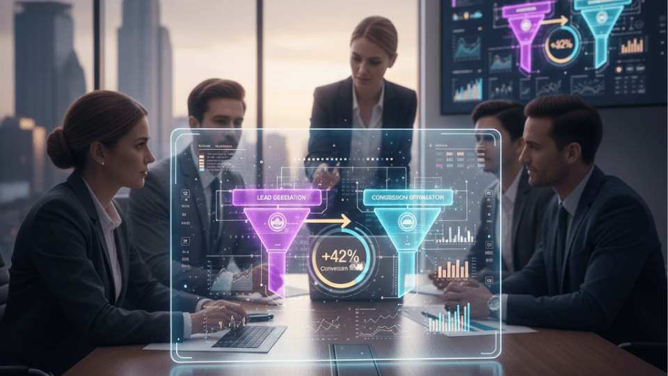 A sleek, modern digital dashboard displaying growth charts and interconnected lead funnels. In the background, diverse professionals are collaborating and engaging in a bright, contemporary office space, symbolizing the blend of technology and human strategy in lead generation.