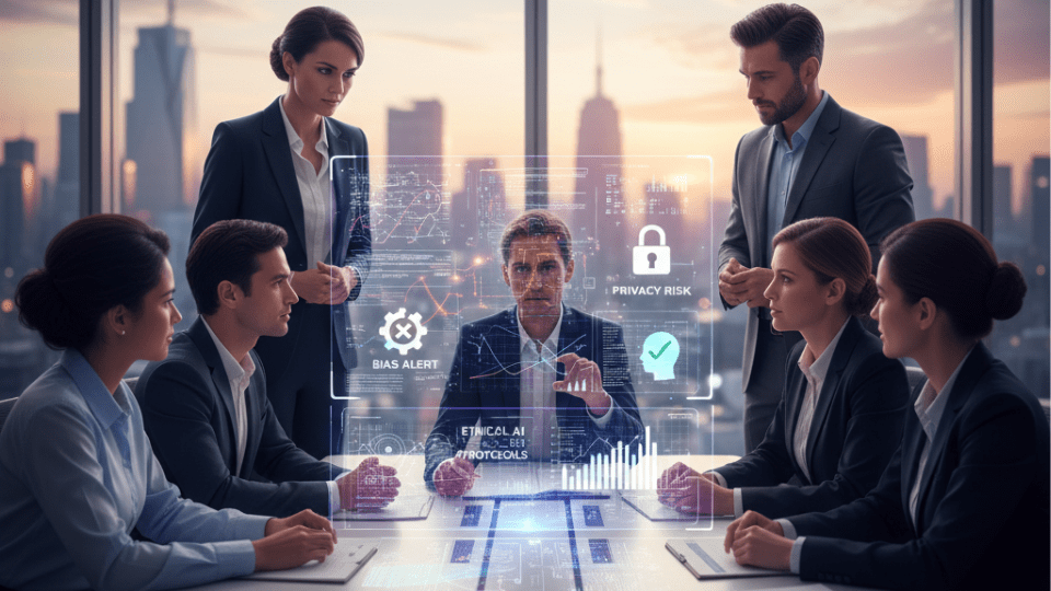 A diverse team of professionals collaboratively working around a holographic projection of complex AI algorithms and data visualizations. The image conveys a sense of focused problem-solving and human oversight of advanced technology in a modern office environment.