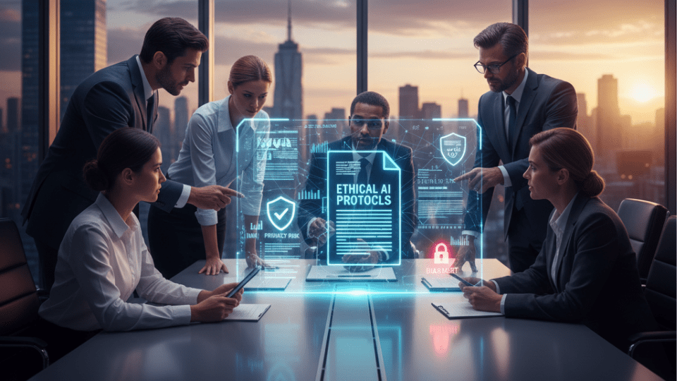 A diverse group of business professionals in a modern boardroom collaborating around a holographic projection displaying complex legal documents, interconnected data streams, and symbols of trust and security. The cityscape outside a large window reflects a future-oriented business environment.