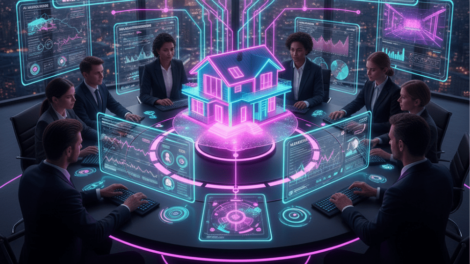 A diverse team of real estate executives and technologists gathered around a holographic 3D model of a house, surrounded by dynamic data visualizations, customer profiles, and market analytics. The setting is a modern, high-tech boardroom with a panoramic city view at sunset, symbolizing mastery of AI in real estate for customer success.