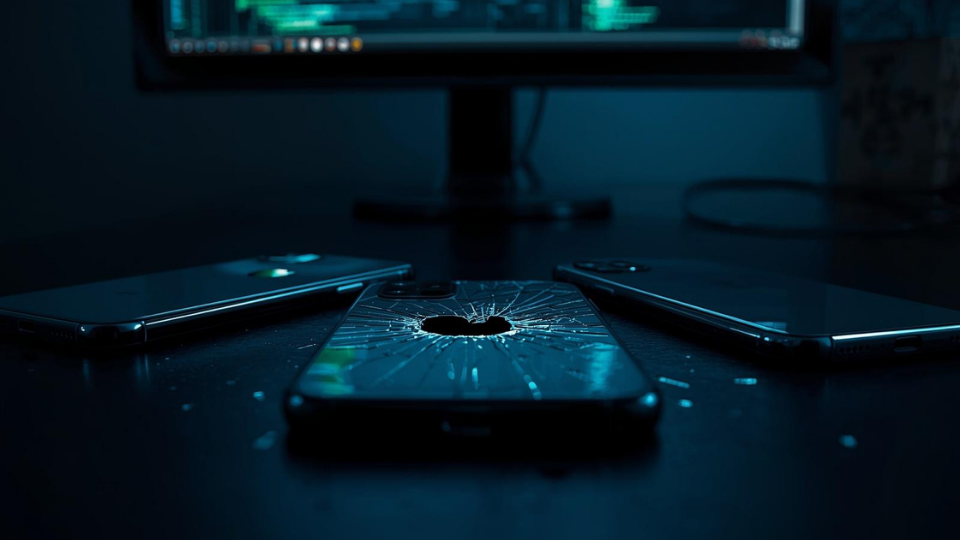 A realistic photo of a broken iPhone with a shattered back lying on a dark table next to other phones, with hacking code visible on a blurred screen in the background.