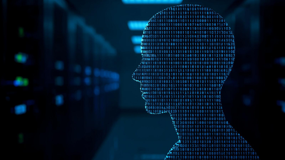 A realistic photo of a digital human head made of glowing blue binary code.