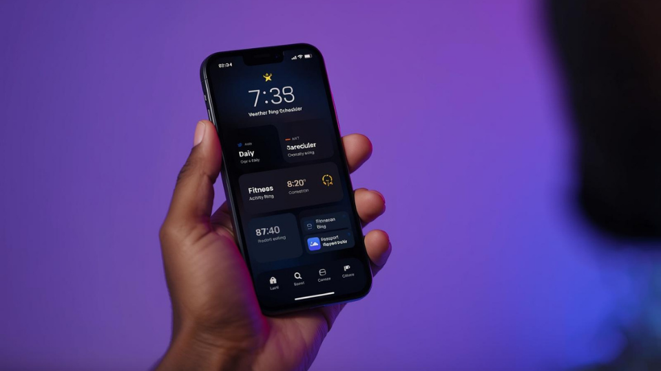 A realistic photo of an iPhone showing a home screen full of Skye AI widgets for weather, health, and tasks.