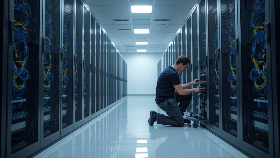 A realistic photo of a technician working on server racks in a high-tech data center.