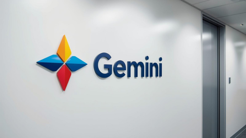 A realistic photo of the colorful Google Gemini logo on a clean white office wall.