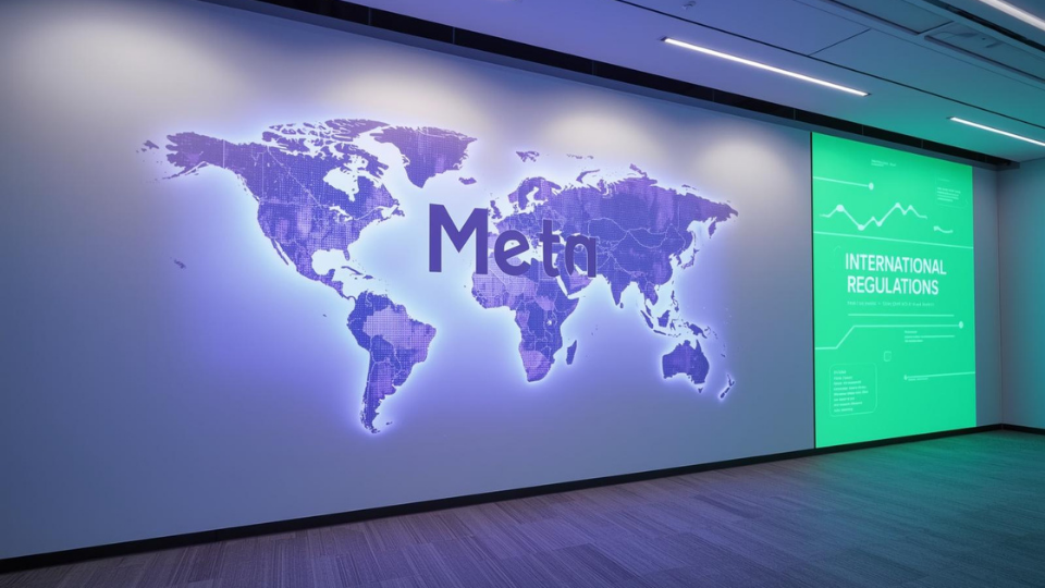 A realistic photo of the Meta logo on an office wall with a digital map projection.