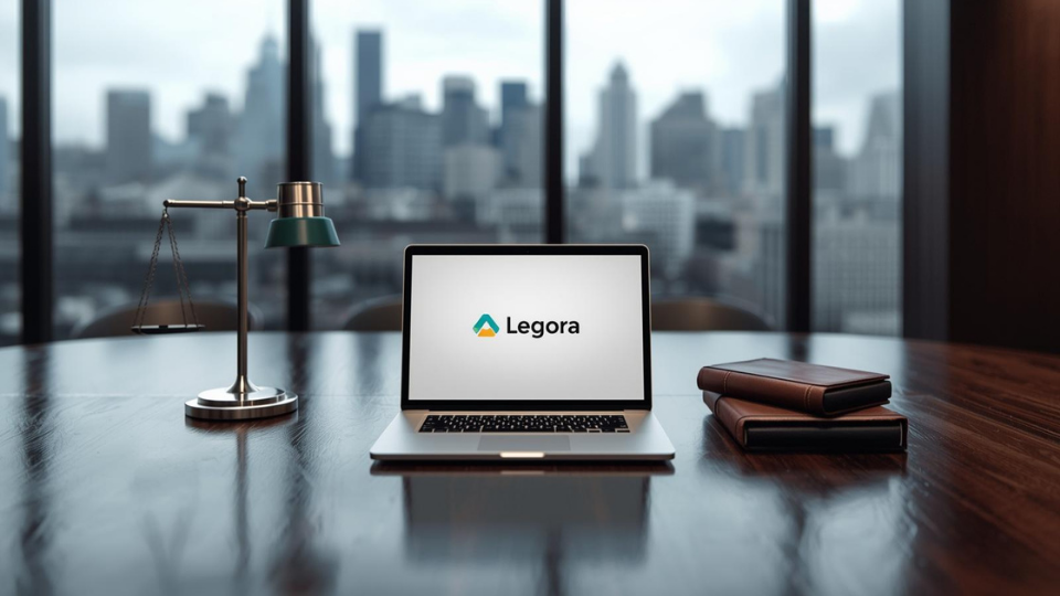 A realistic photo of a laptop with legal AI software in a modern law office.