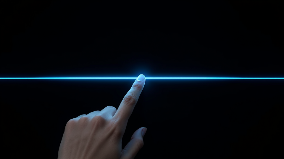 A close-up view of a hand touching a dark digital screen that glows with a sharp neon blue line of light.