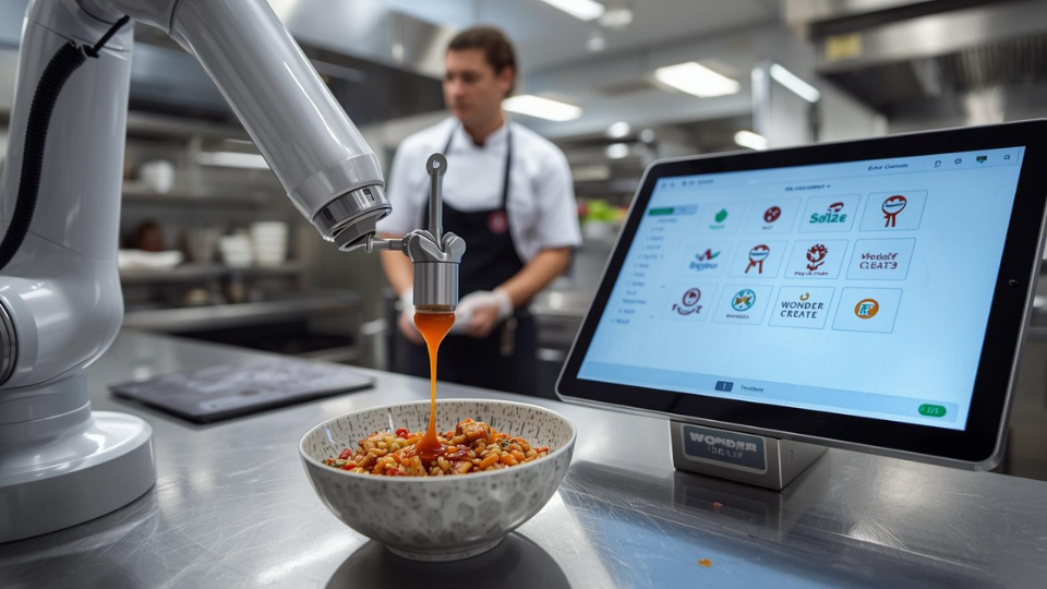 A robotic arm preparing a food bowl in a high-tech Wonder kitchen while a staff member monitors a digital control panel.