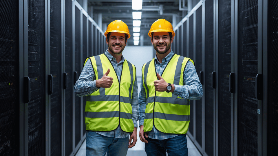 Two smiling men wearing yellow hard hats and safety vests standing in a server room aisle giving a thumbs up.