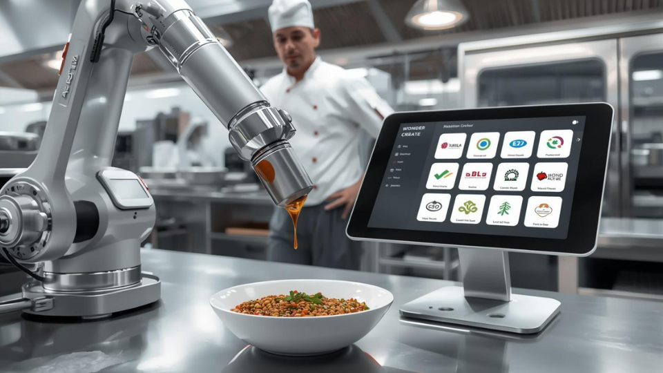 A robotic arm preparing a food bowl in a high-tech Wonder kitchen while a staff member monitors a digital control panel.
