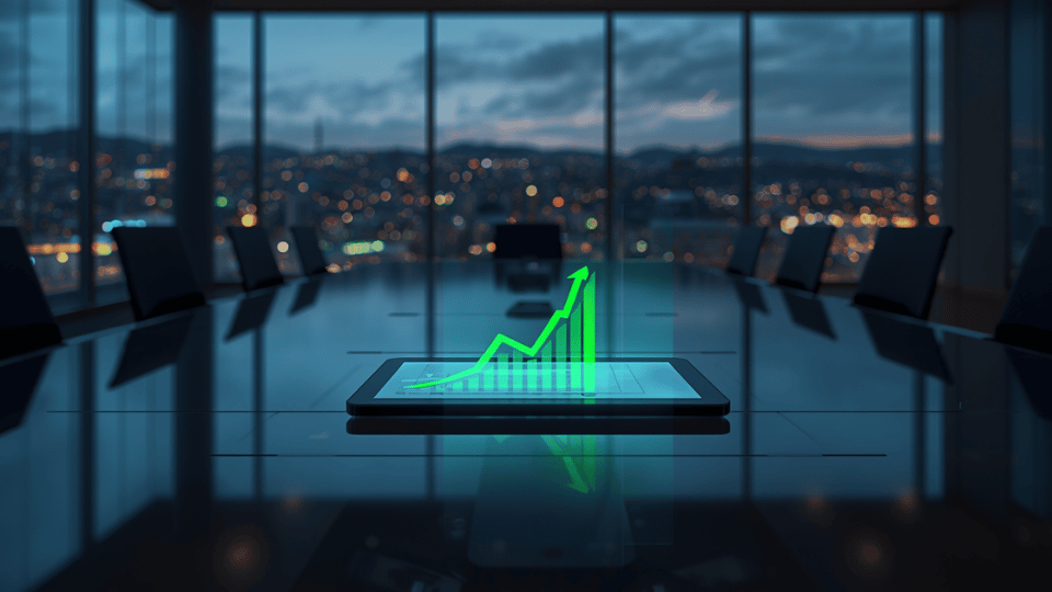A sleek glass boardroom table featuring a digital tablet displaying a rising financial growth chart.