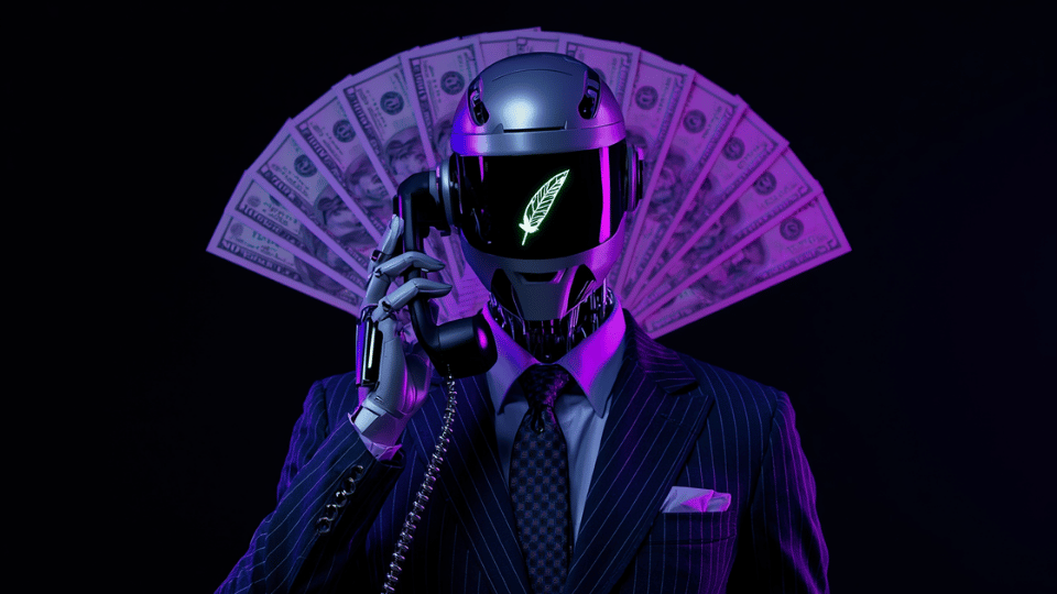 A realistic humanoid robot in a business suit holding a phone with dollar bills fanned out in the background under neon purple lighting.