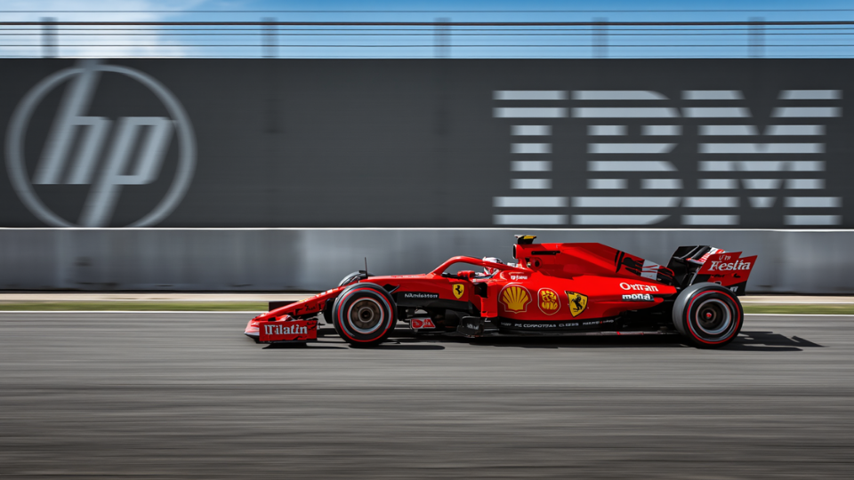 A red Ferrari Formula One car racing on a track past large corporate logos on a wall.