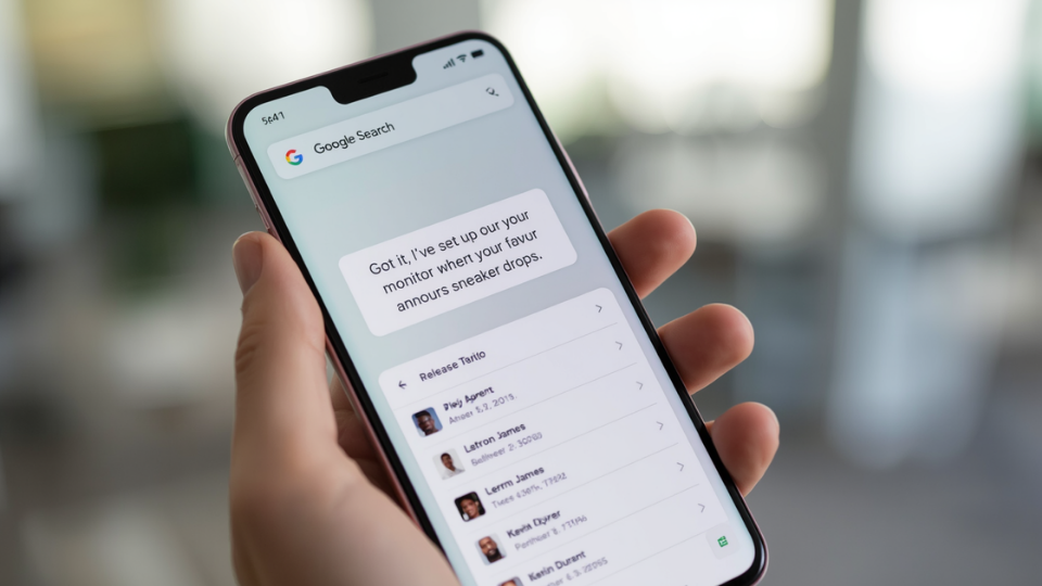 A close-up view of a smartphone screen showing a Google AI agent confirming a background search task.
