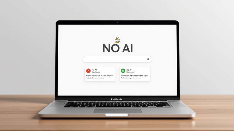A laptop screen displaying the DuckDuckGo No-AI search interface with privacy settings turned on.