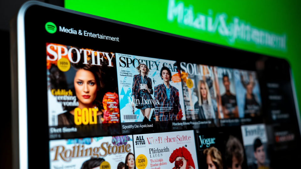 A computer monitor displaying a Spotify interface filled with digital magazine covers like Vogue and Rolling Stone.