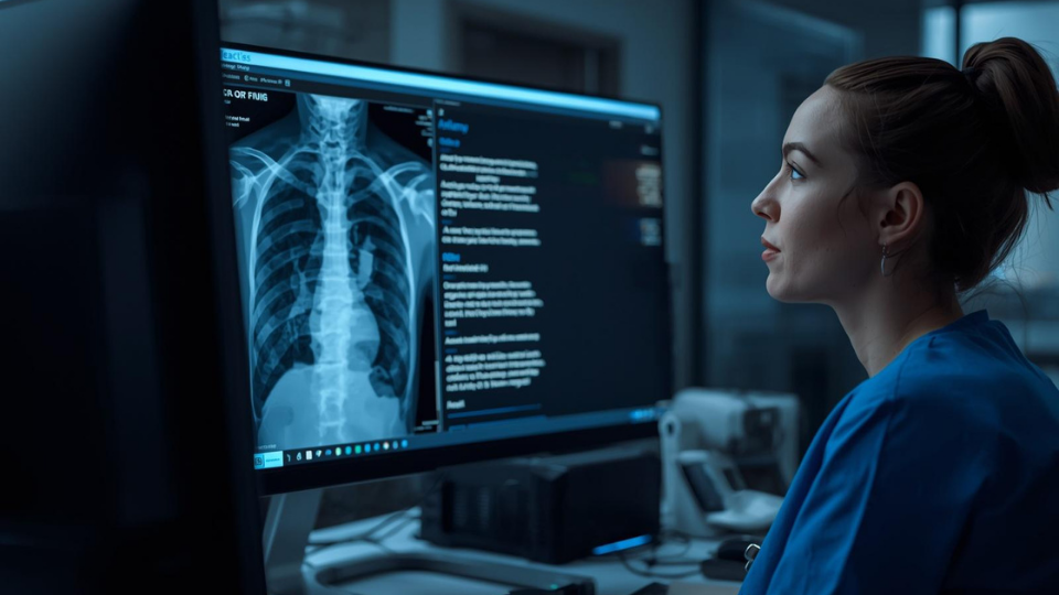 A doctor reviewing a digital X-ray on a monitor with AI-generated diagnostic notes visible on the screen.