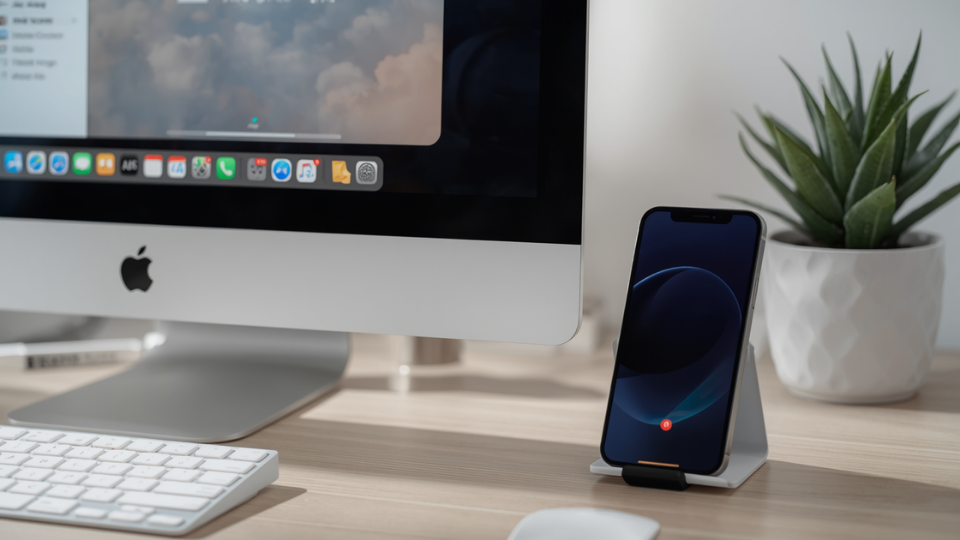 A realistic photo of a Mac setup running the Perplexity Personal Computer app with an iPhone showing remote access.