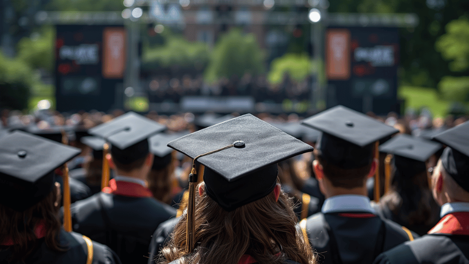 A view from behind a large crowd of college graduates wearing black caps and gowns at an outdoor graduation ceremony.