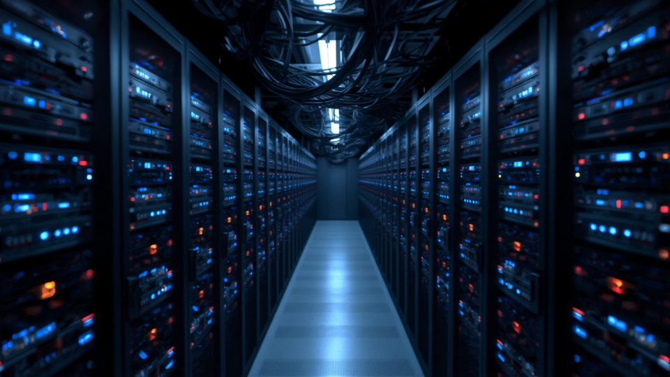 A realistic view down a long aisle of server racks inside a modern data center with blue and red LED lights and thick network cables overhead.