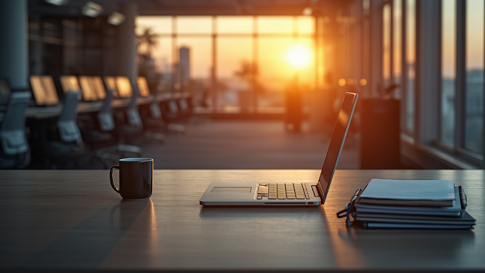 An empty modern office desk with a closed laptop and empty chair next to a window at sunset.