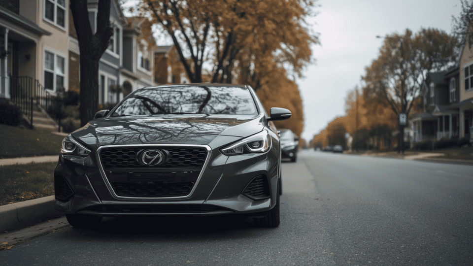 A dark gray sedan parked on the side of a quiet street with residential buildings and trees in the background.