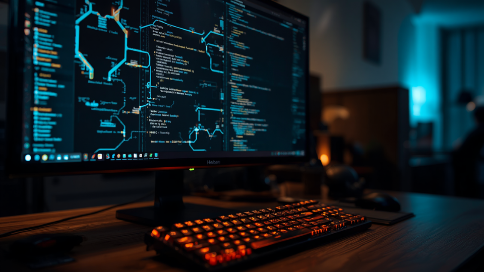 A close-up view of a computer monitor displaying glowing software code loops and data flows on a desk in a dark room.