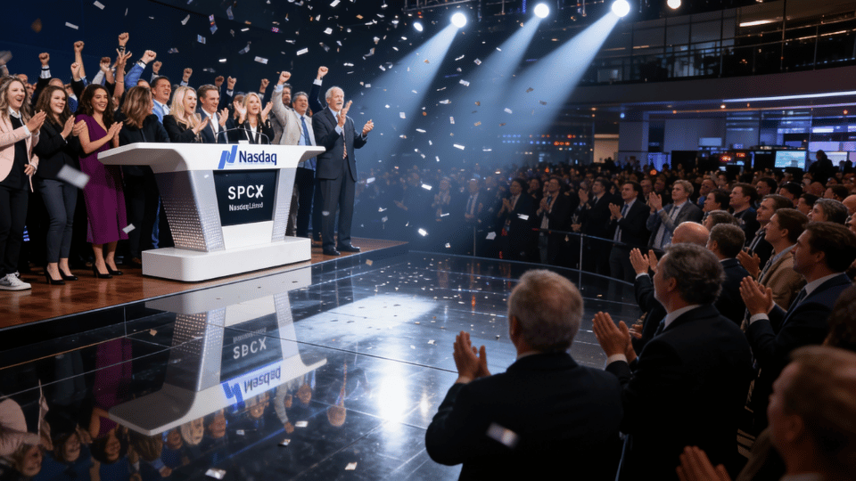 A large crowd of corporate professionals cheering behind a modern presentation podium during a tech company public market listing celebration.