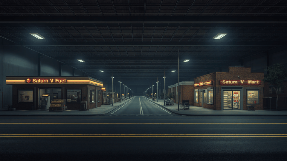An indoor training facility containing a detailed replica small town street with a mock gas station and grocery store under night lighting.