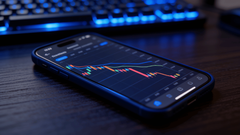 A smartphone on a wooden desk displaying a line graph of tech market trends next to a computer keyboard.
