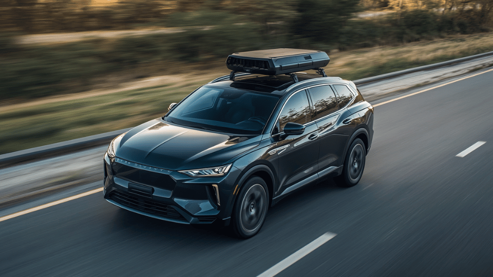 A premium dark blue electric SUV with self-driving roof sensors traveling along a road