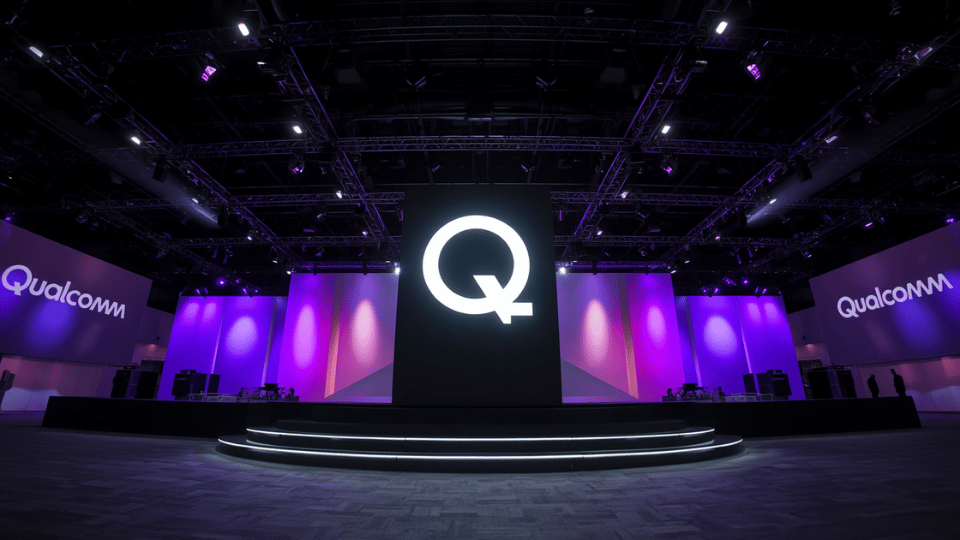 : A large illuminated Qualcomm brand sign set up inside a tech conference hall with purple lighting