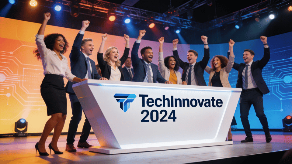A large crowd of business executives cheering on a stage behind a tech-branded podium