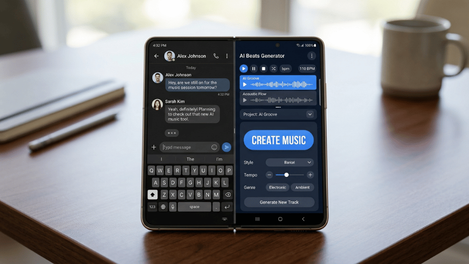 A foldable smartphone screen showing a split-screen multitasking layout with a chat window on one side and a music creation app on the other