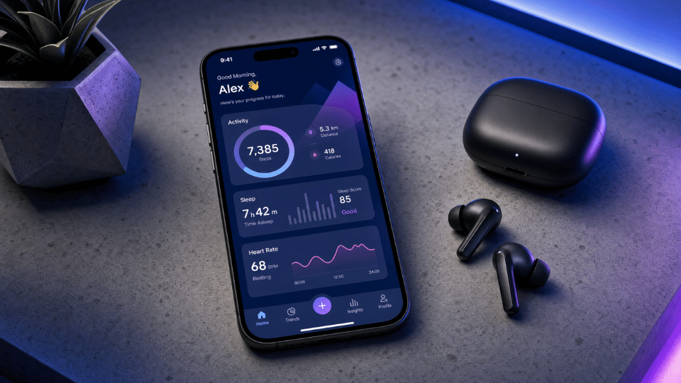 A smartphone on a concrete surface showing a modern application interface with personalized data charts next to wireless earbuds.