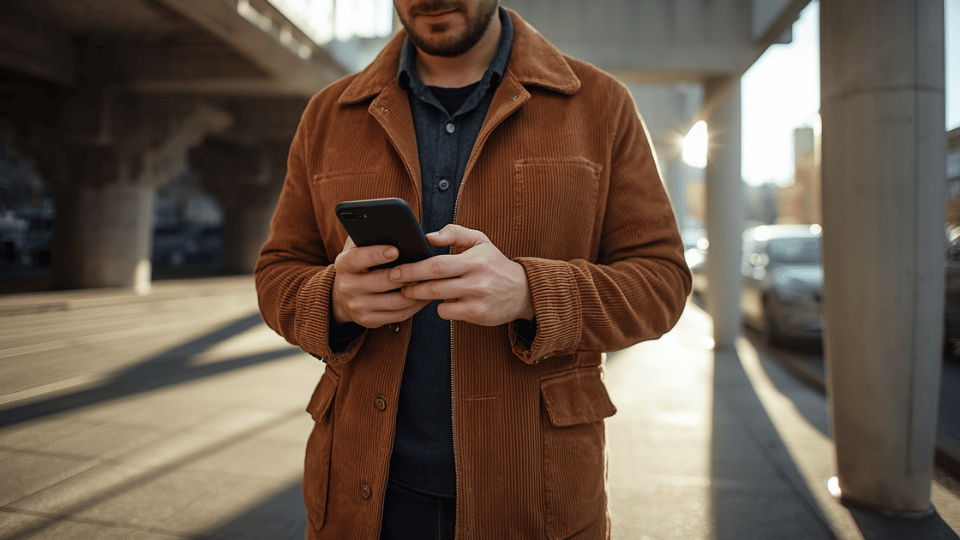 A man in a brown jacket walks outside while using a smartphone