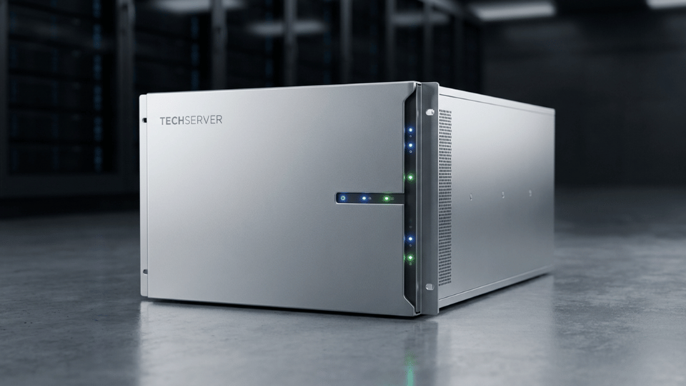 A modern server rack module inside a brightly lit data center room