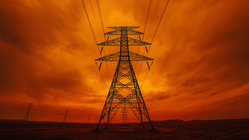 A large industrial power line tower stands tall against a vibrant, hazy orange sunset sky