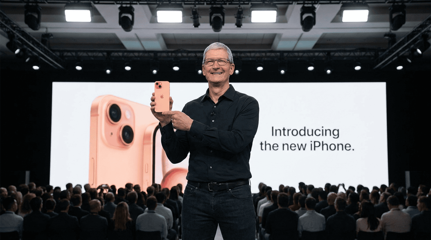 Apple CEO Tim Cook stands on a presentation stage holding up a peach-colored iPhone