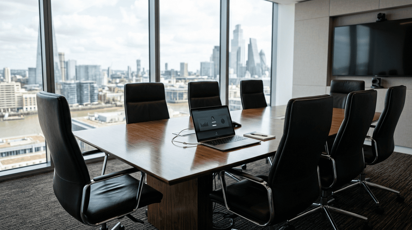 An open laptop sits on a polished boardroom table surrounded by empty chairs in front of a city window.